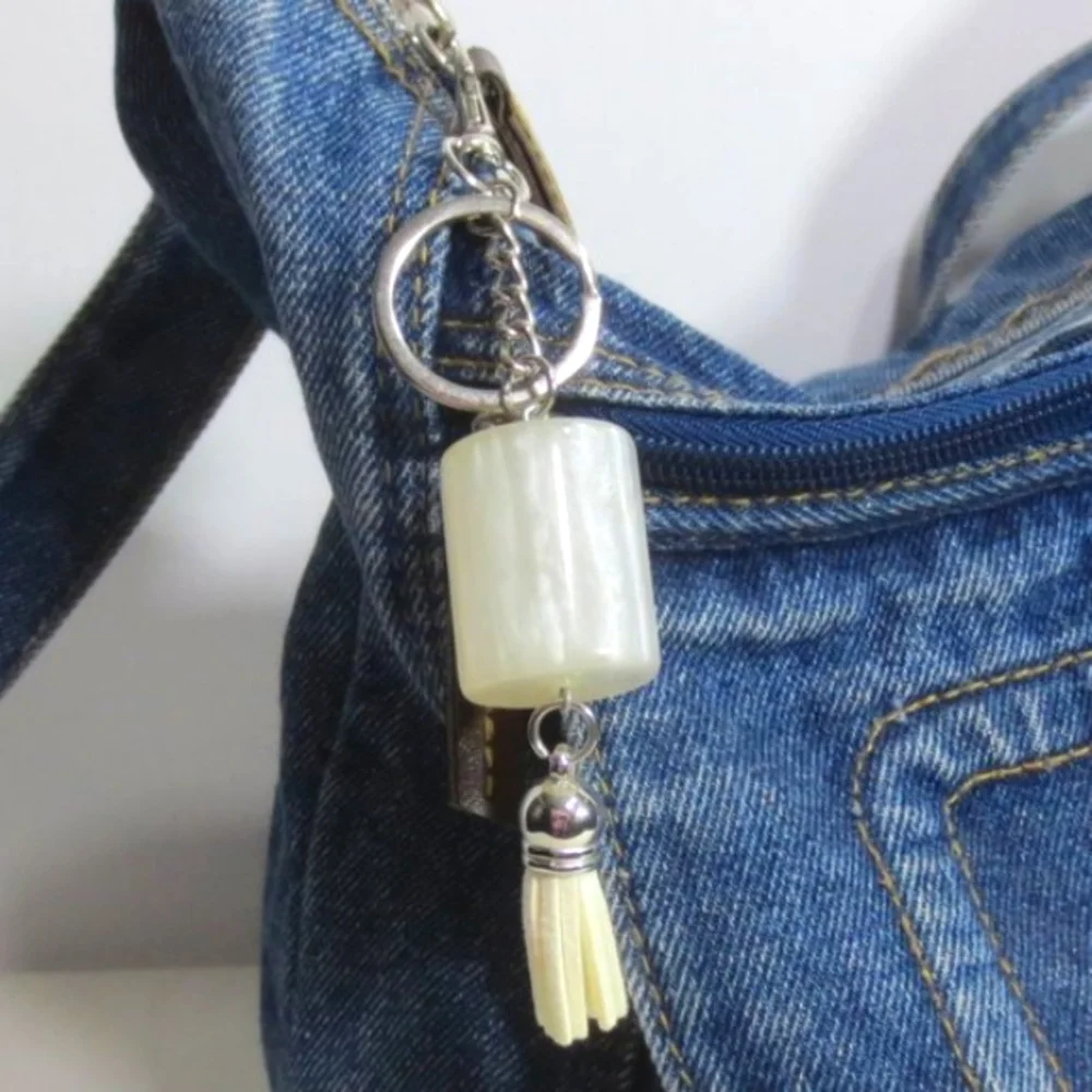 New Handcrafted Keychain Bag Charm White Beaded Boho Leather Tassel Swivel Clip